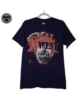 VINTAGE Dollywood: The Real West USED Shirt (M, Blue, Dolly Parton, Outlaws)
